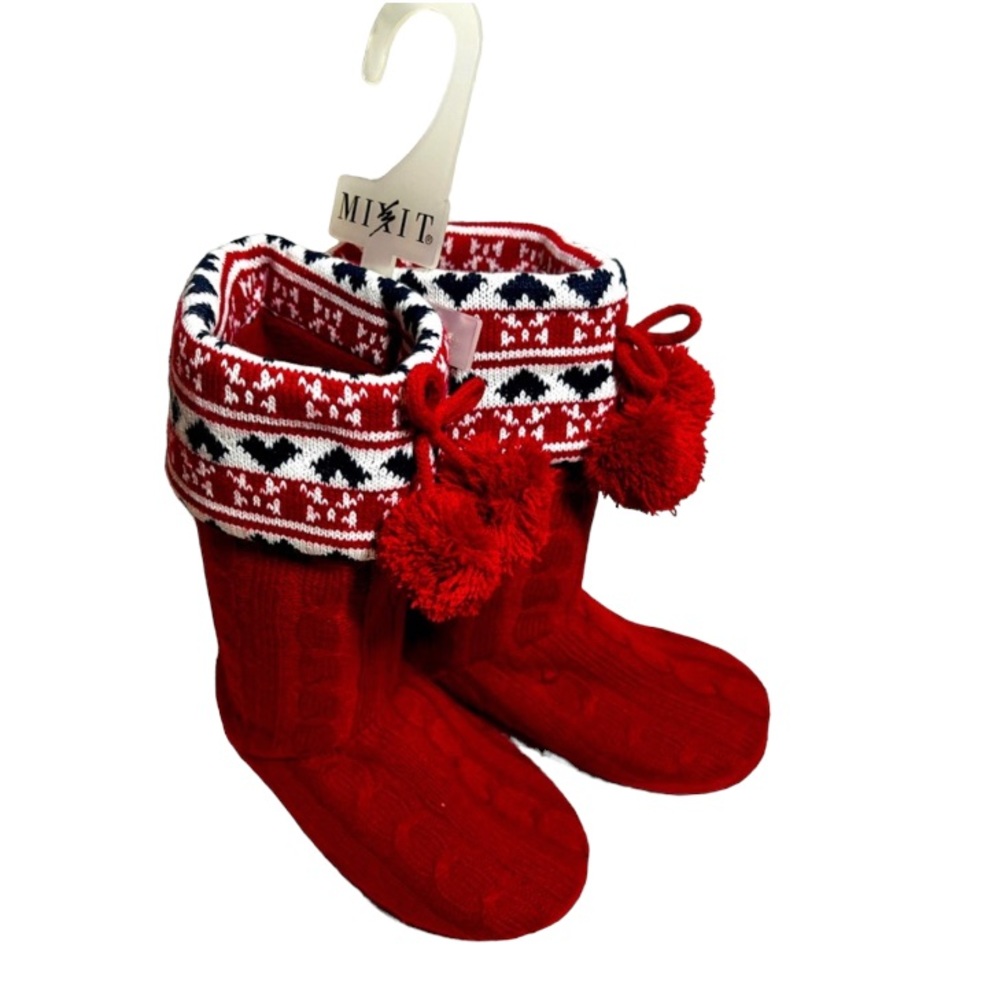 New Mixit Large (8-9) Pompom Slipper Bootie Socks Shoes. Hard Grip Sole NWT